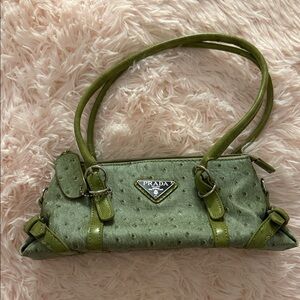 Prada Olive Green Ostrich-Textured Shoulder Bag